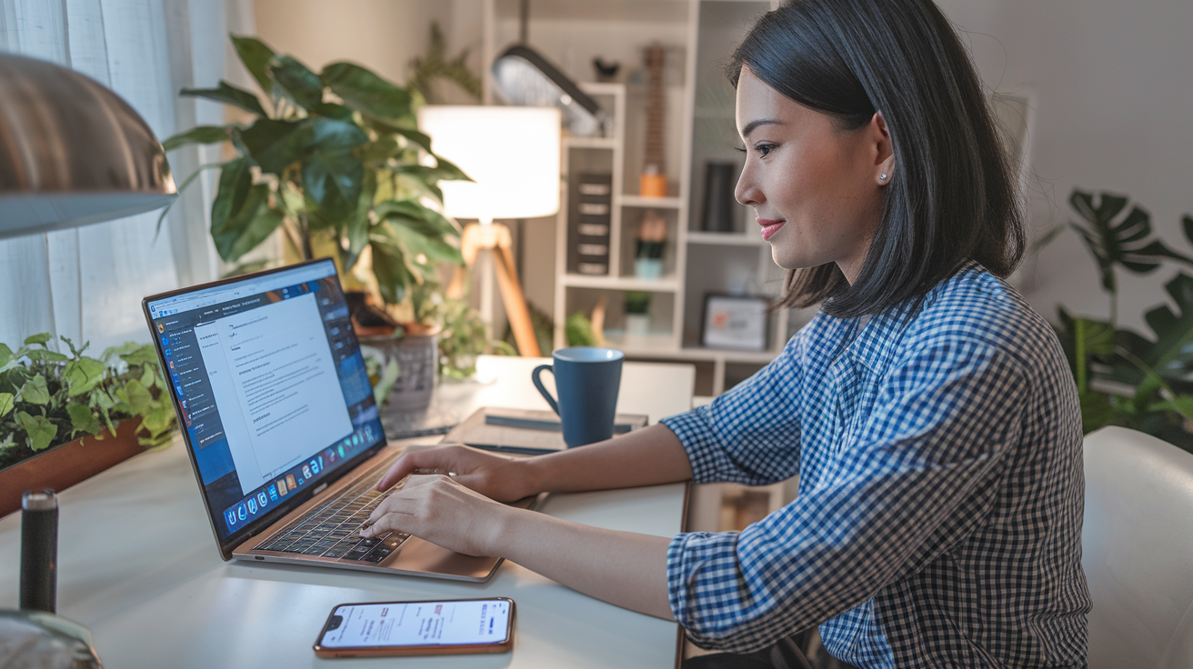 Create a realistic image of a young Asian female professional sitting at a modern desk, typing on a laptop with a document open showing copywriting work, with multiple browser tabs visible, a coffee mug nearby, and a smartphone displaying payment notifications, all in a well-lit home office setting that conveys making money through online copywriting services.