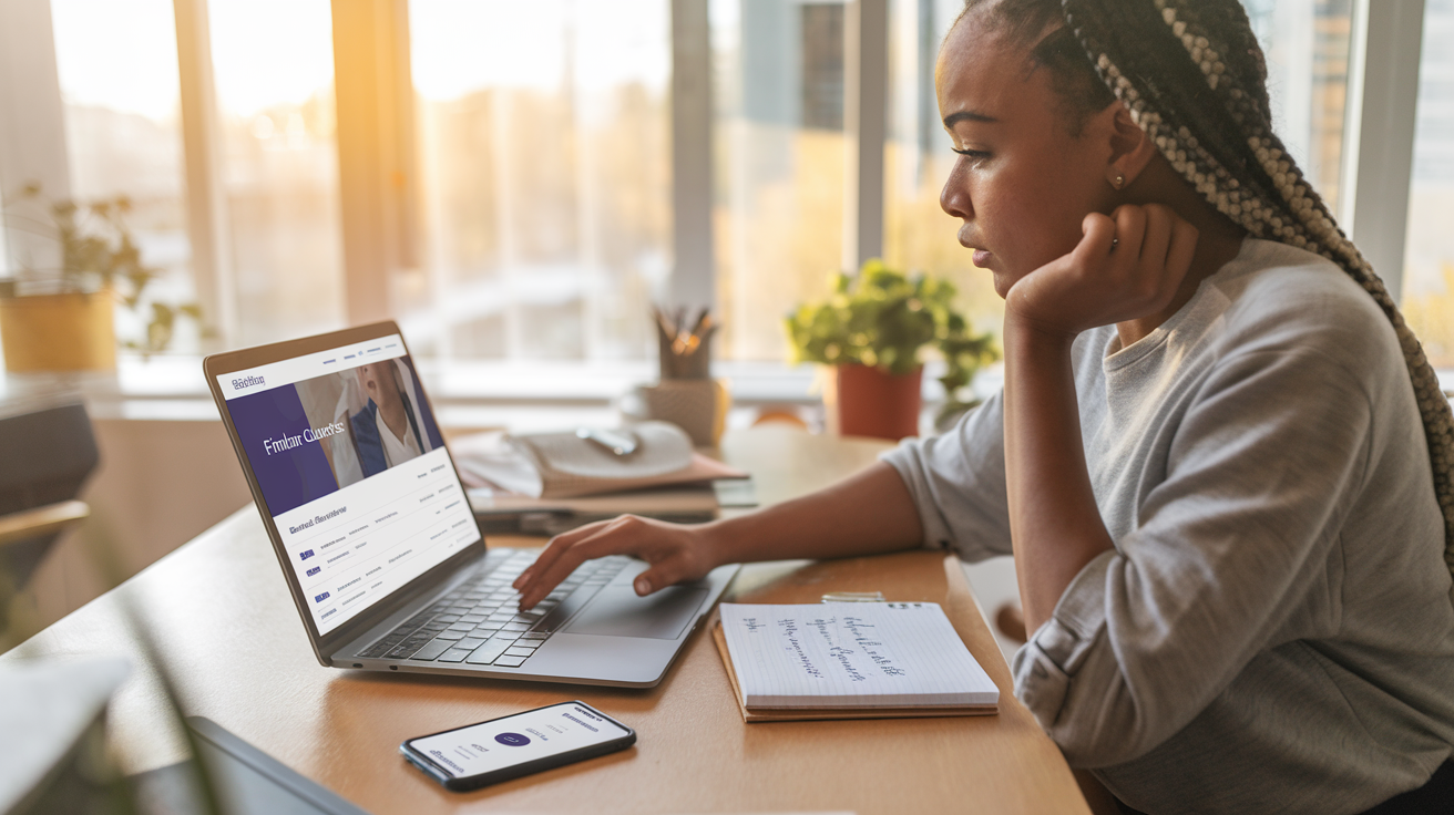 Create a realistic image of a young black female entrepreneur sitting at a modern home office desk, focused on her laptop which displays a freelancing website, with a notepad showing a checklist titled "Finding Clients" nearby, a smartphone showing payment notifications, warm natural lighting coming through a window, creating an inspiring and productive atmosphere.