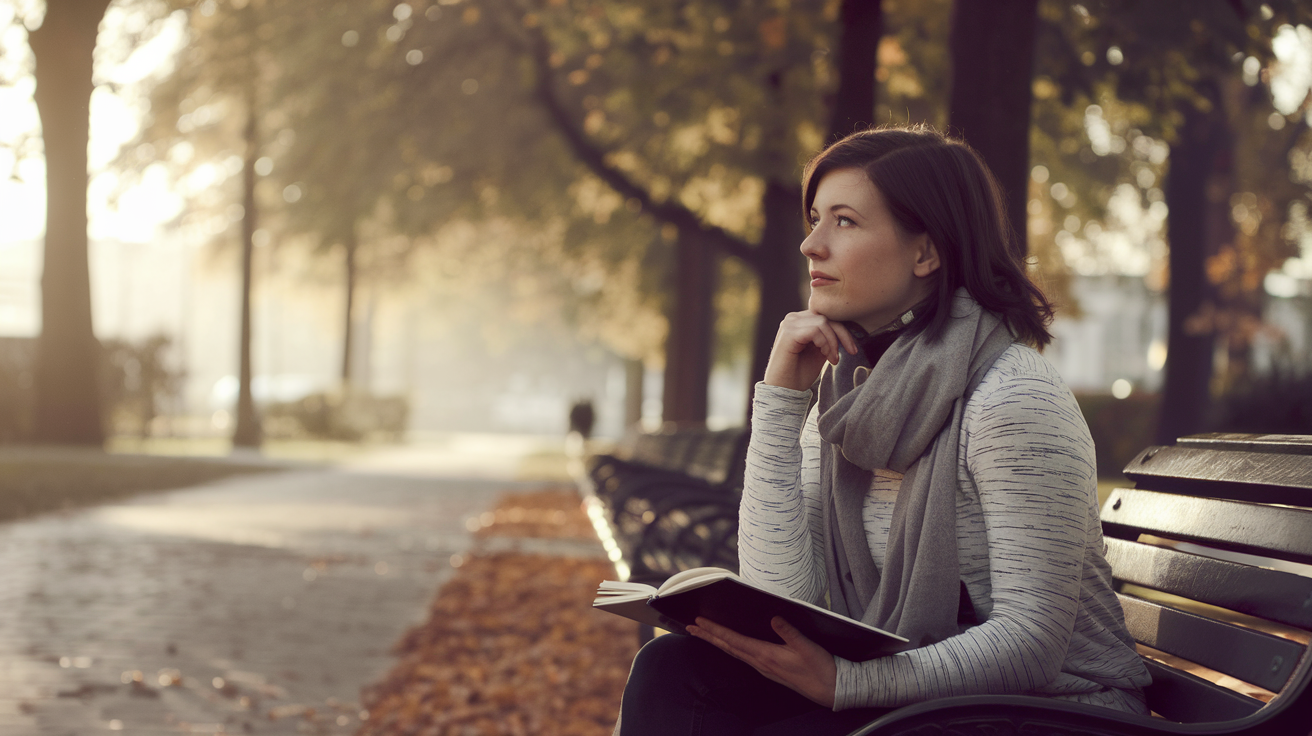 Create a realistic image of a white female in her 30s sitting on a park bench, looking thoughtful with a journal and pen in hand. The background shows a serene park with autumn trees. Soft, warm lighting filters through the leaves, symbolizing hope and healing. A path stretches out before her, representing the journey ahead.