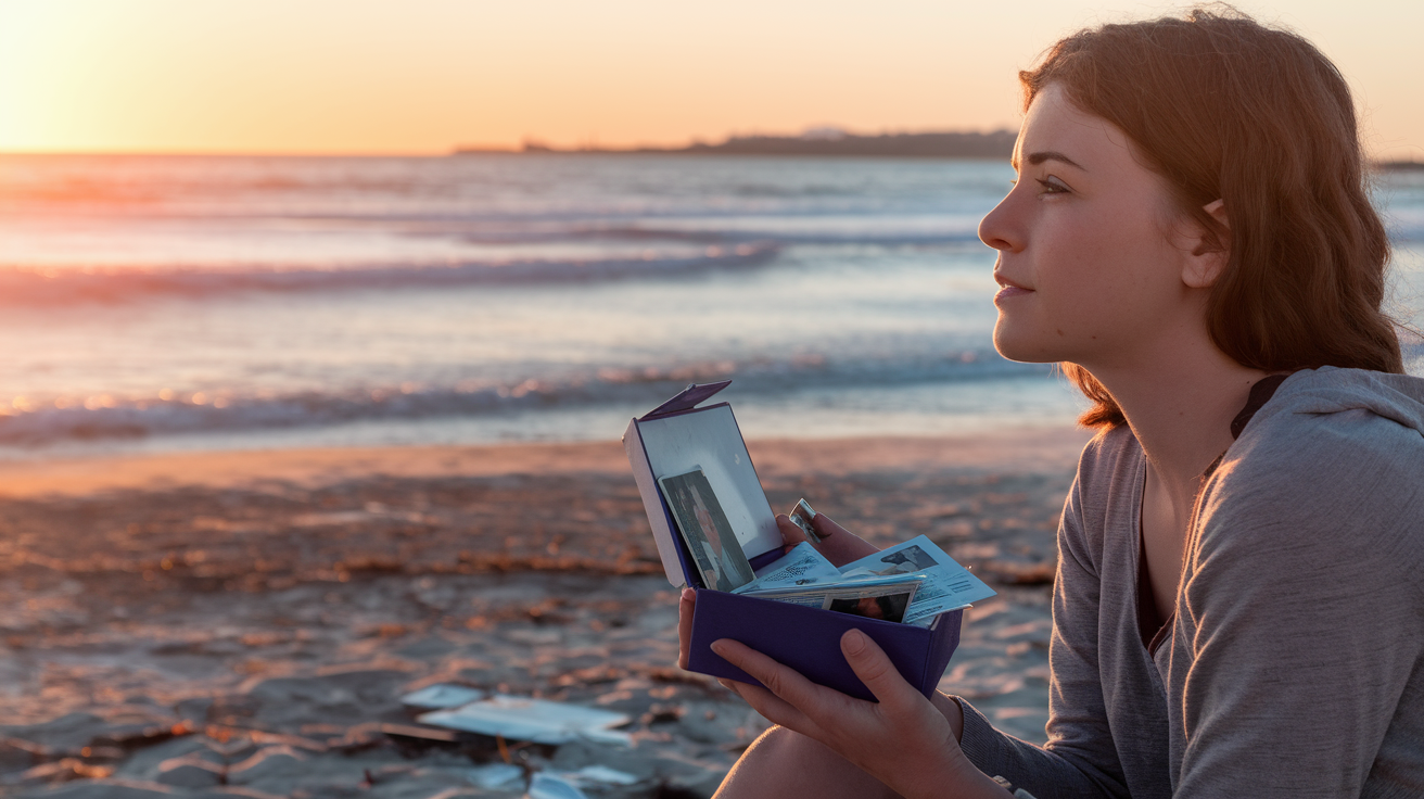 Create a realistic image of a young white woman sitting on a beach at sunset, looking thoughtfully at the horizon. She holds a small box with old photos and mementos, some scattered around her. The warm orange light illuminates her face, symbolizing hope and new beginnings. In the background, waves gently lap the shore, representing the ebb and flow of life and emotions.