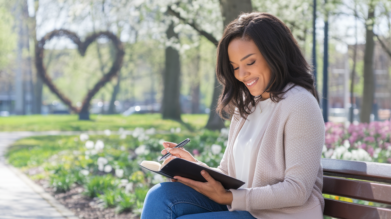 Create a realistic image of a smiling black woman in her 30s sitting on a park bench, holding a journal and pen, with a serene expression. The background shows a sunny park with blooming flowers, symbolizing new beginnings. A subtle heart shape formed by tree branches is visible in the distance, representing hope and love.