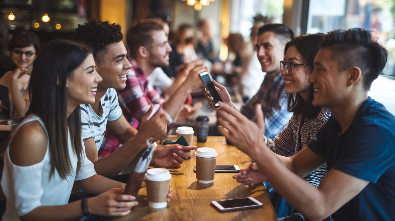 Create a realistic image of a diverse group of young adults in their late 20s to early 30s, including white, black, and Asian individuals of both genders, sitting at a trendy cafe table, engaging in lively conversation, with smartphones and coffee cups visible, suggesting a dating app meetup, with warm lighting and a blurred background of other patrons, conveying a sense of optimism and new beginnings.