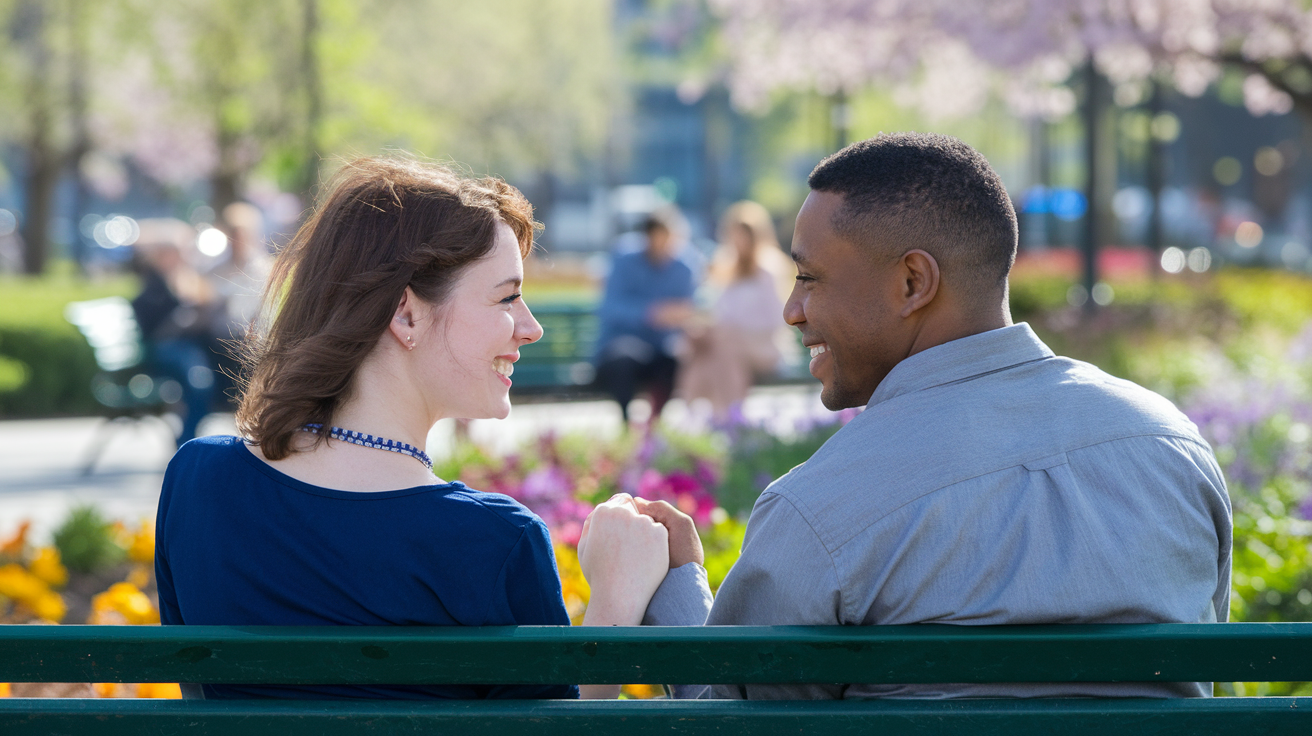 Create a realistic image of a diverse couple (one white female, one black male) sitting on a park bench, smiling and holding hands, with a vibrant park background featuring blooming flowers and trees, soft natural lighting, and other couples or families visible in the distance, conveying a sense of new beginnings and healthy relationships.