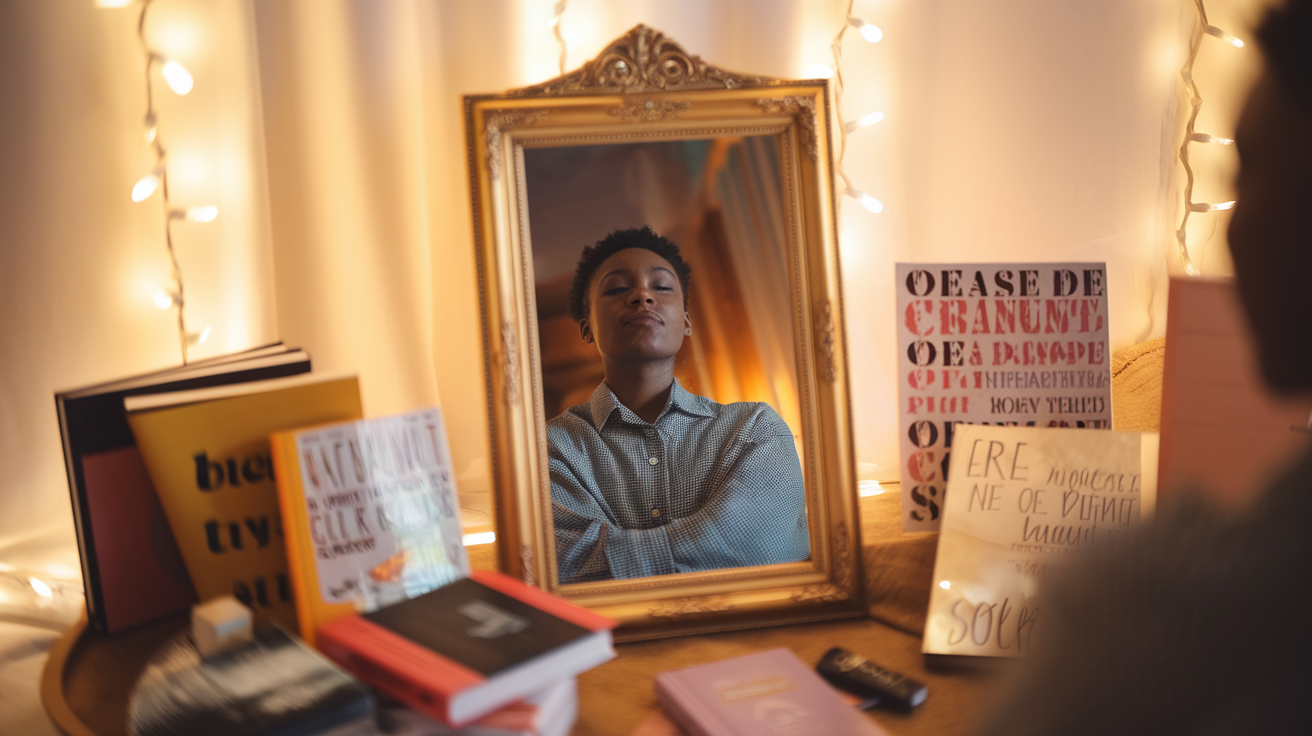 Create a realistic image of a person's silhouette looking in a mirror, with their reflection showing a more confident and self-aware version of themselves. The background should be warm and inviting, with soft lighting and personal growth-related items like books, journals, and motivational posters scattered around. The mirror frame should be ornate and golden, symbolizing the value of self-reflection.