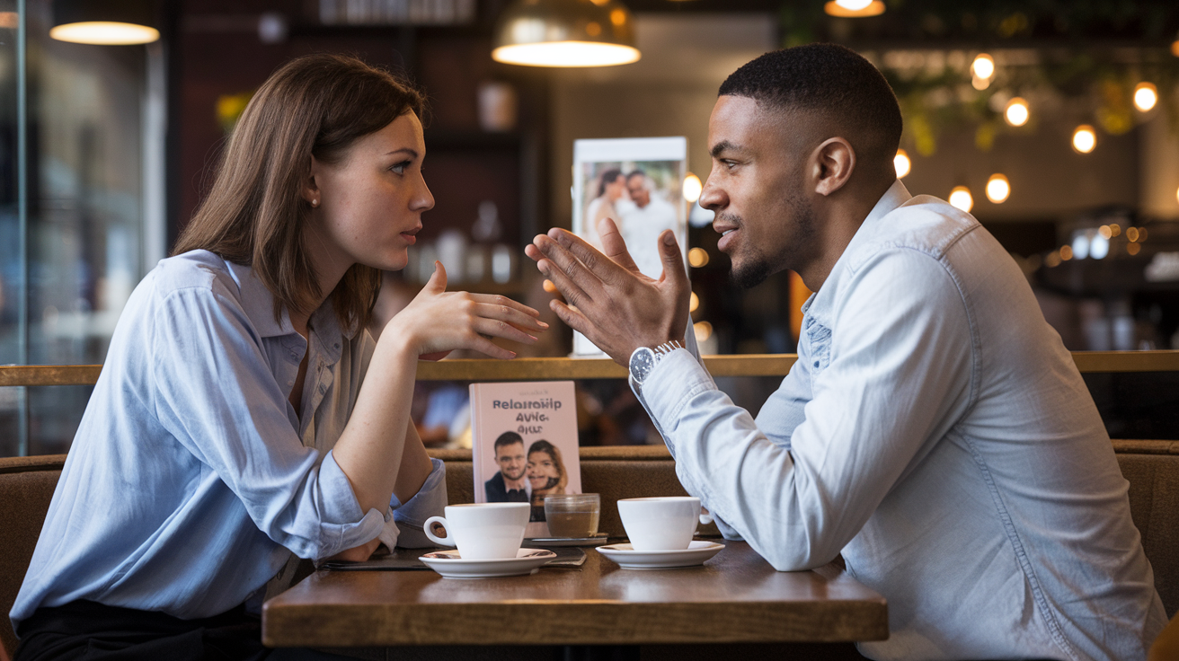 Create a realistic image of two diverse individuals, a white female and a black male, sitting face-to-face at a coffee shop table, engaged in an intense conversation with open body language, maintaining eye contact, and using hand gestures to emphasize their points, with a warm, soft lighting creating an intimate atmosphere, and subtle visual cues of relationship-related items like a relationship advice book or a couples' photo frame in the background.