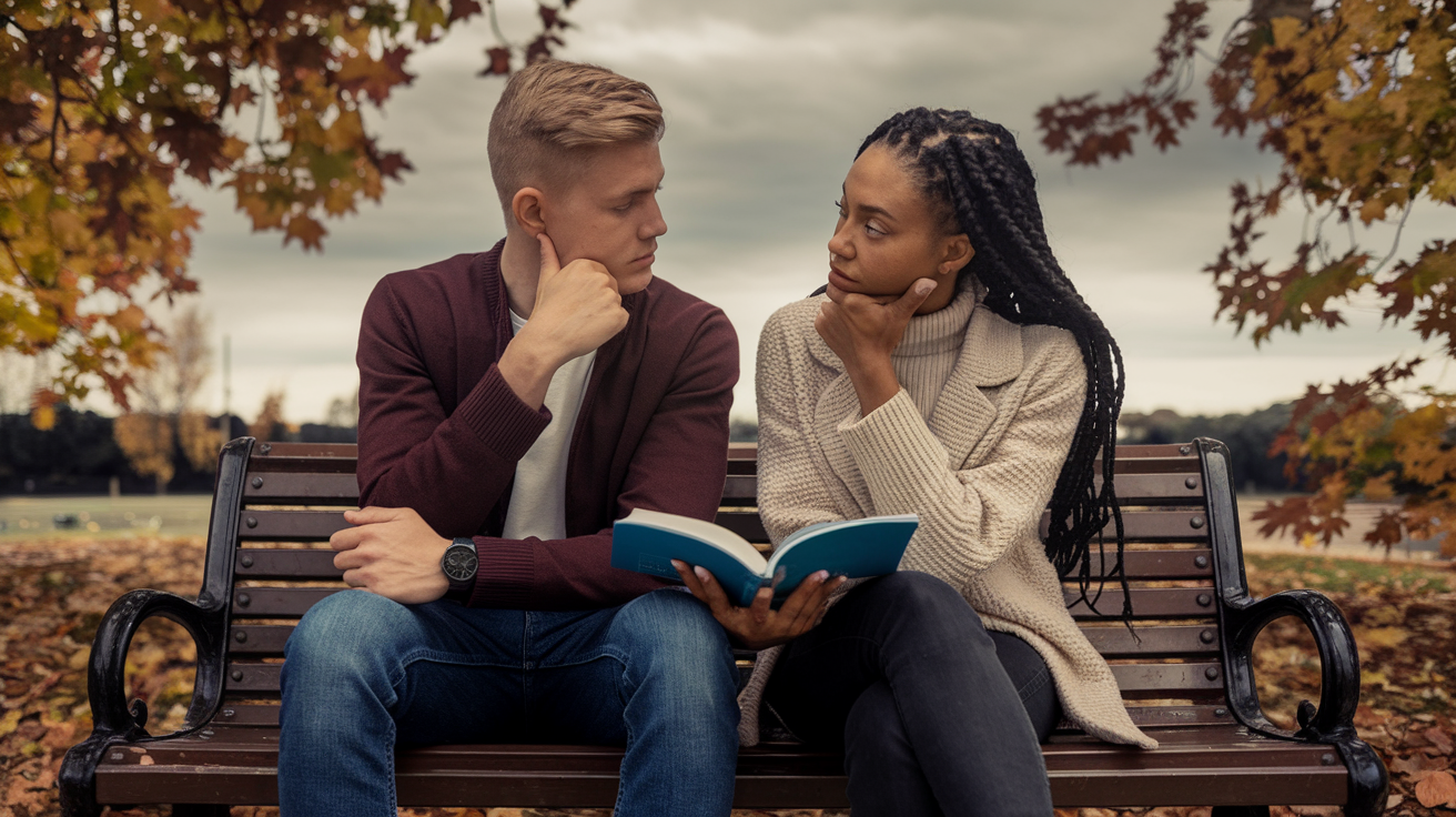 Create a realistic image of a diverse couple, a white man and a black woman, sitting on a park bench with thoughtful expressions, their body language showing slight tension, a relationship counseling book visible between them, surrounded by autumn leaves, with a cloudy sky in the background, symbolizing the challenges and importance of compatibility in relationships.