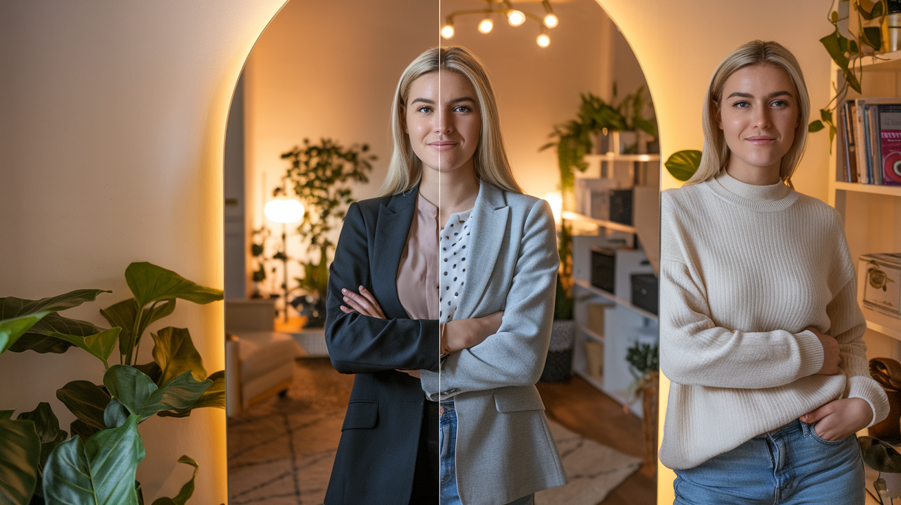 Create a realistic image of a young white woman standing confidently in front of a mirror, one half of her reflection showing her in professional attire and the other half in casual clothing, symbolizing the balance between personal and professional life. The background is a warm, inviting home office with soft lighting, emphasizing individuality and self-discovery.