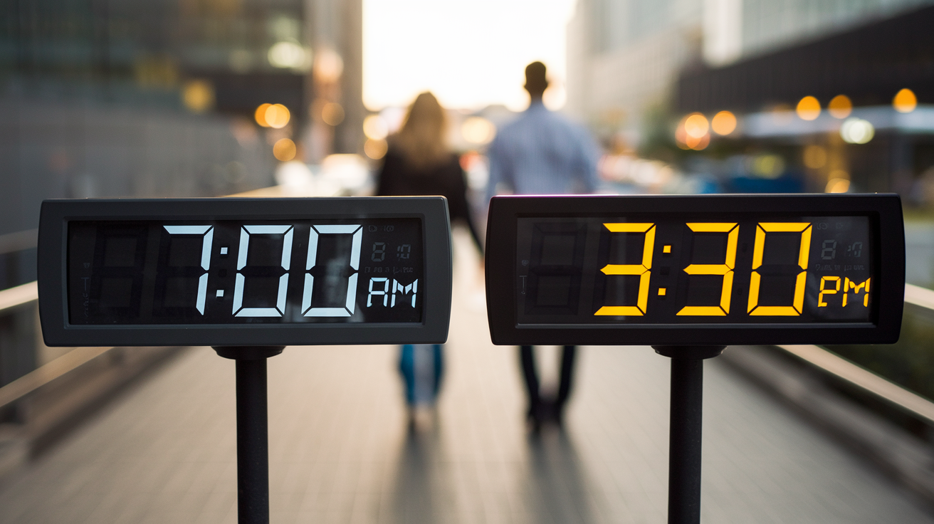 Create a realistic image of two digital clocks side by side, one showing 7:00 AM and the other 9:30 PM, with a blurred background of a couple walking away from each other, symbolizing different life schedules and timing issues in relationships, soft lighting to create a reflective mood.