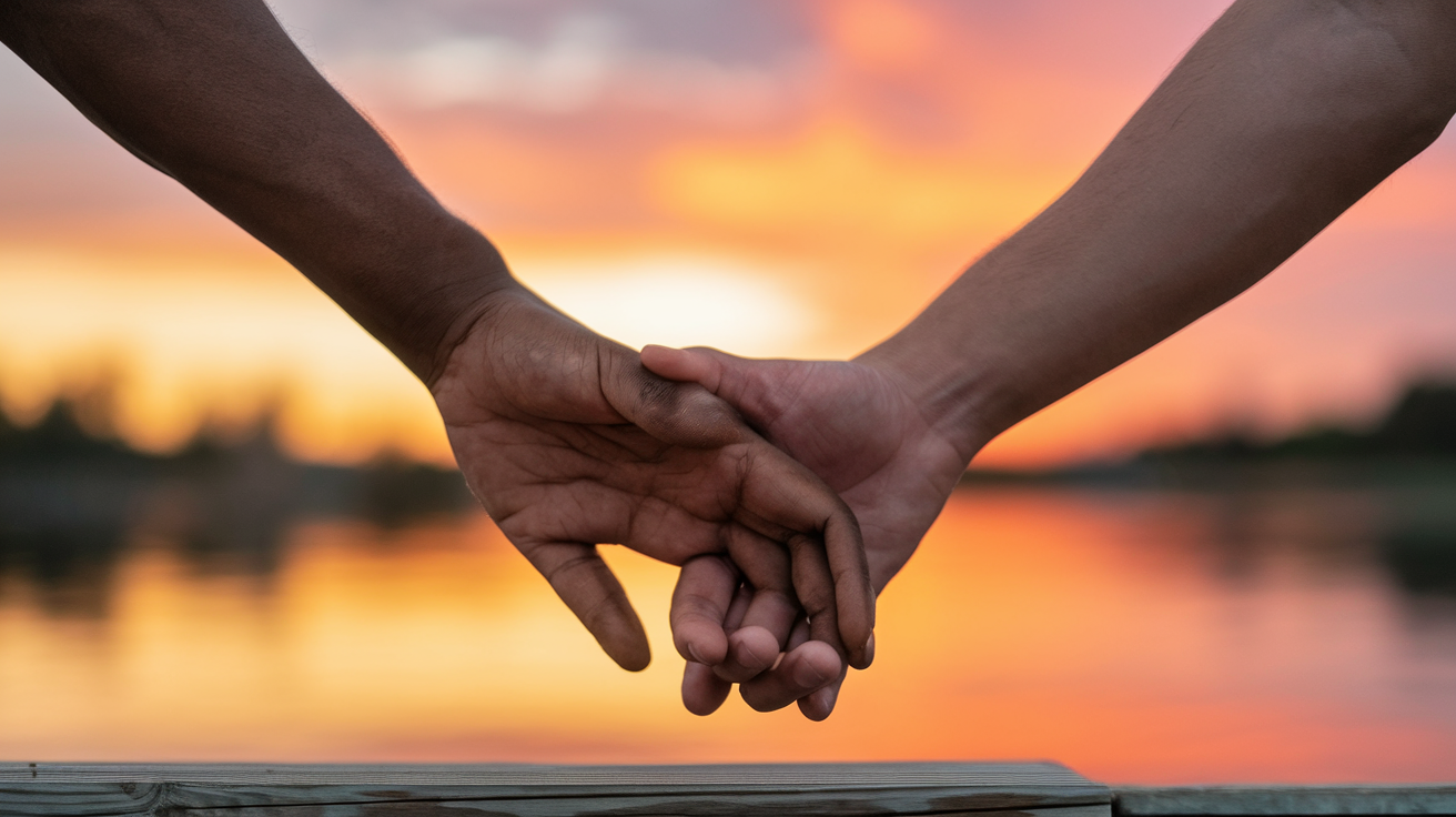 Create a realistic image of two intertwined hands, one black and one white, against a blurred background of a sunset, symbolizing trust and forgiveness across racial boundaries, with a soft, warm light illuminating the hands and creating a hopeful atmosphere.