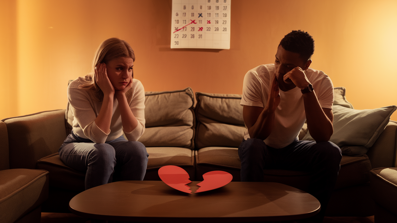 Create a realistic image of a white female and a black male sitting on opposite ends of a sofa, both looking thoughtful and slightly frustrated, with a broken heart-shaped object on the coffee table between them, in a dimly lit living room with warm, soft lighting, and a calendar on the wall showing crossed-out dates, symbolizing unfulfilled expectations in a relationship.