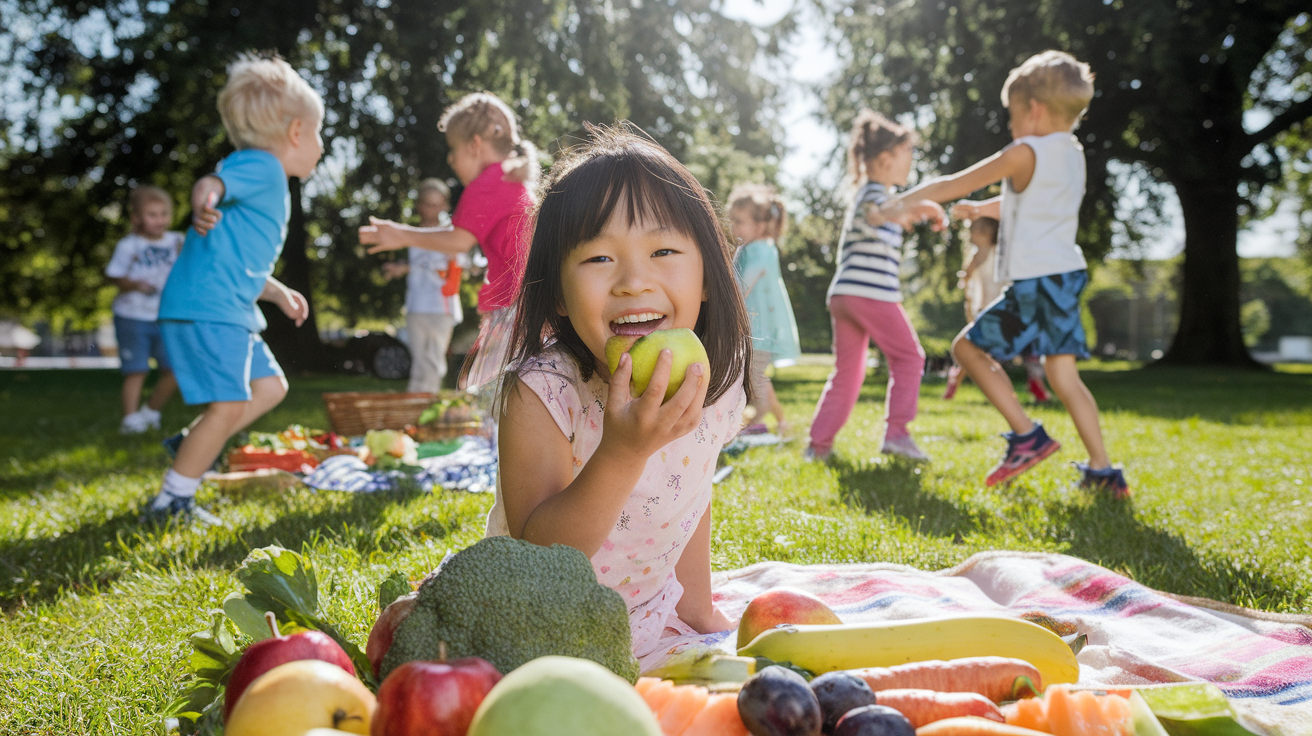 Create a realistic image of a diverse group of happy, healthy children playing outdoors in a sunny park, with a focus on a smiling Asian girl eating an apple in the foreground, surrounded by colorful fruits and vegetables scattered on a picnic blanket, while other kids engage in active games in the background, symbolizing vitality and a strong immune system.