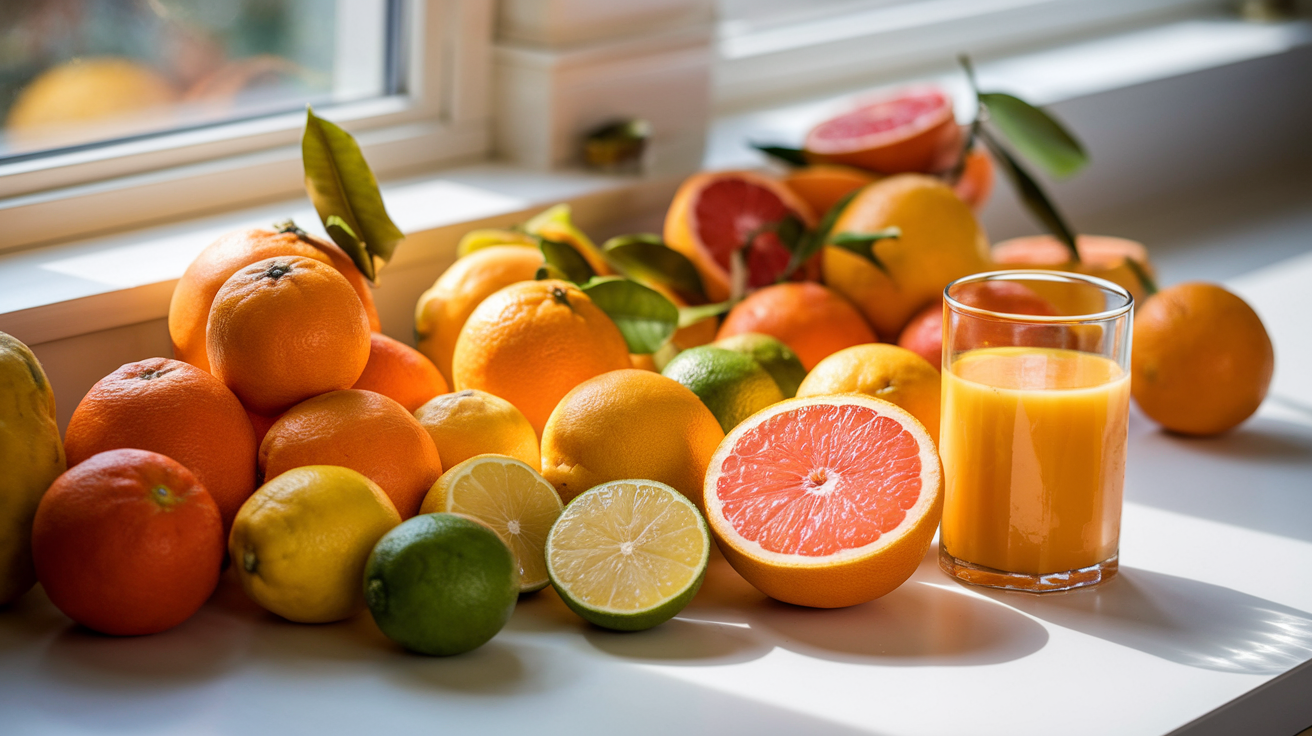 Create a realistic image of a colorful arrangement of citrus fruits including oranges, lemons, limes, and grapefruits on a white kitchen counter, with sunlight streaming through a window, illuminating the fruits and highlighting their vibrant colors and textures, with a glass of freshly squeezed orange juice nearby.