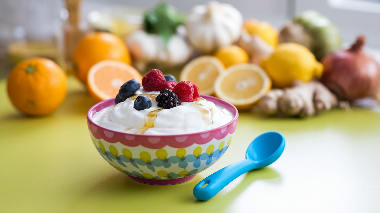 Create a realistic image of a colorful bowl of creamy yogurt with visible probiotic cultures, topped with fresh berries and a drizzle of honey, placed on a bright kitchen counter next to a child-sized spoon, with a soft focus on immune system-boosting ingredients in the background.