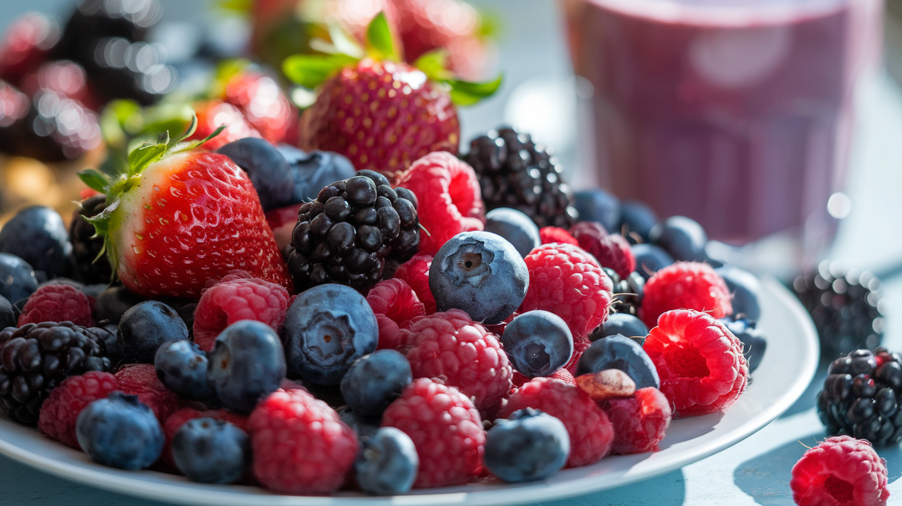 Create a realistic image of a colorful assortment of fresh berries including strawberries, blueberries, raspberries, and blackberries arranged on a white plate, with a few berries scattered around, a glass of berry smoothie in the background, and a soft natural light highlighting the vibrant colors and textures of the fruits.