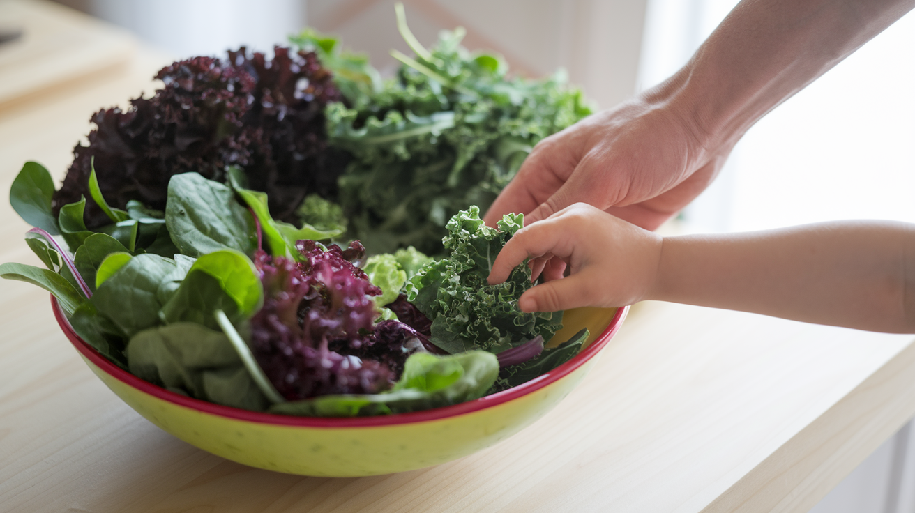 Create a realistic image of a vibrant, colorful salad bowl filled with various leafy greens such as spinach, kale, and arugula, placed on a light wooden table. A child's hand is reaching for a piece of kale, with a parent's hand gently guiding. Soft natural light illuminates the scene, highlighting the rich, deep greens and creating a fresh, healthy atmosphere.