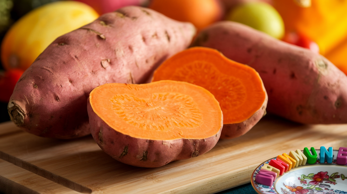 Create a realistic image of a vibrant orange sweet potato, sliced in half to reveal its rich interior, placed on a wooden cutting board next to whole sweet potatoes, with a soft focus on colorful fruits and vegetables in the background, warm lighting emphasizing the potato's golden hue, and a small decorative plate with alphabet-shaped vitamins spelling out "IMMUNE" in the corner.
