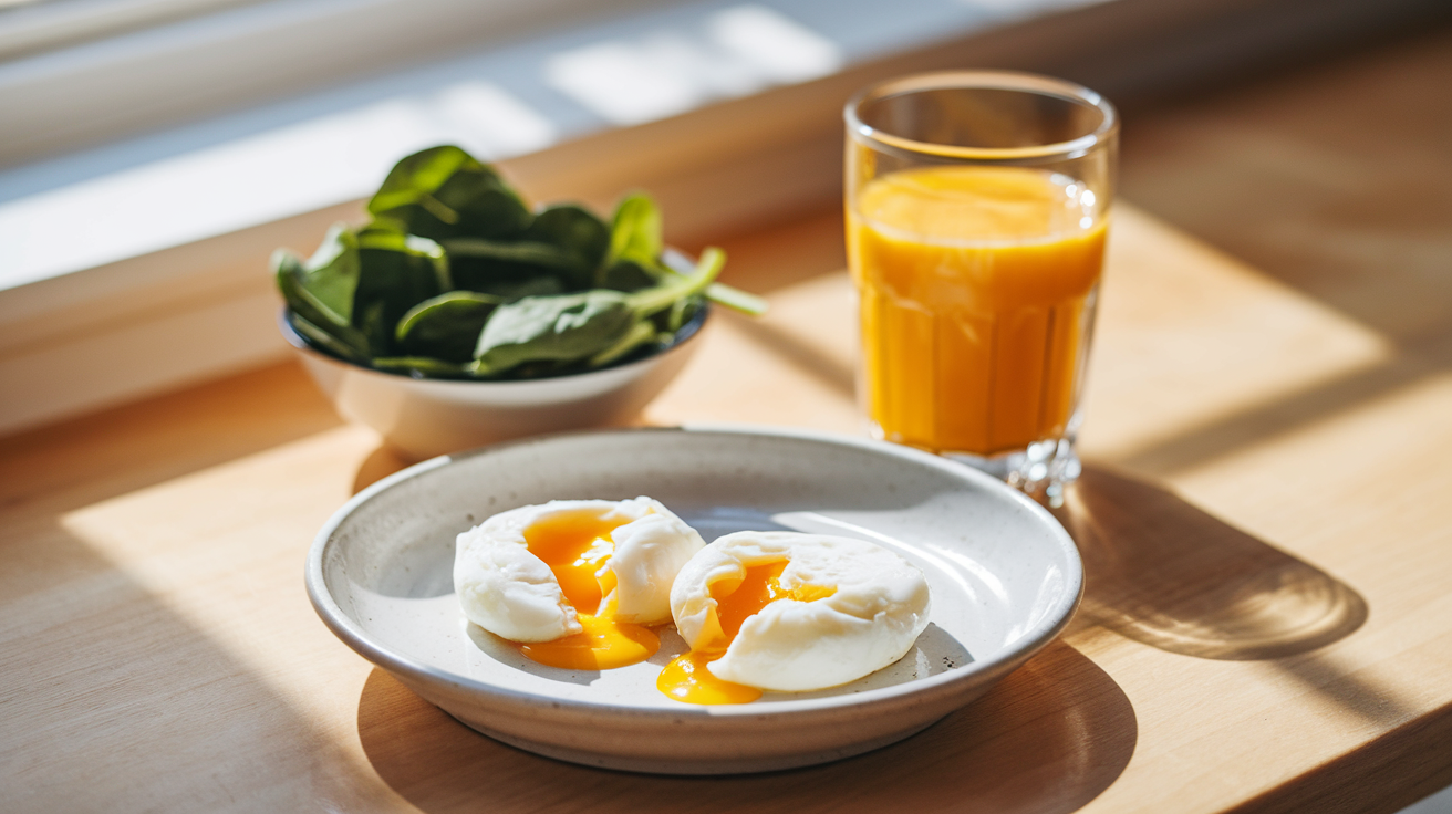 Create a realistic image of a sunny kitchen counter with a white ceramic plate containing two perfectly poached eggs, their golden yolks visible and slightly runny. A small bowl of fresh spinach leaves sits nearby, along with a glass of orange juice. Soft morning light streams through a window, illuminating the scene and creating a warm, inviting atmosphere that suggests health and nutrition.