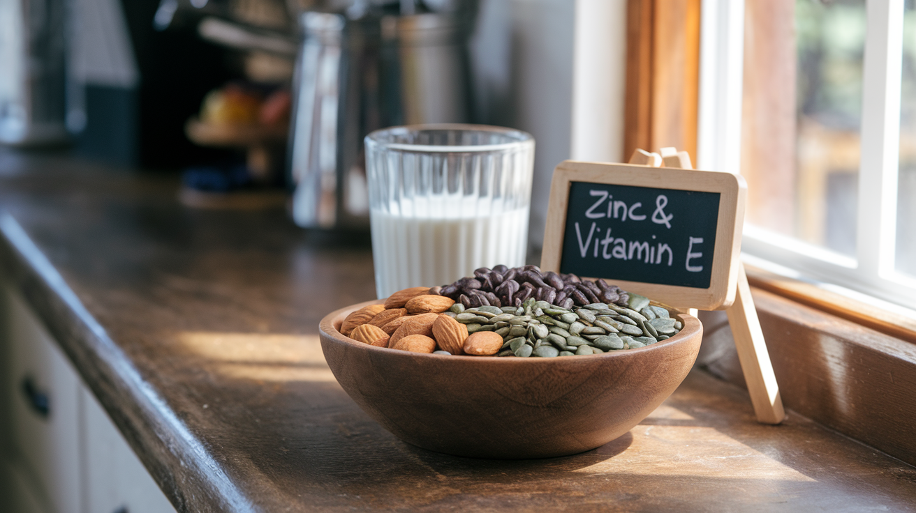 Create a realistic image of a wooden bowl filled with a colorful assortment of nuts and seeds, including almonds, pumpkin seeds, sunflower seeds, and walnuts, placed on a rustic kitchen counter next to a glass of milk and a small chalkboard with "Zinc & Vitamin E" written on it, with natural light streaming in from a nearby window.