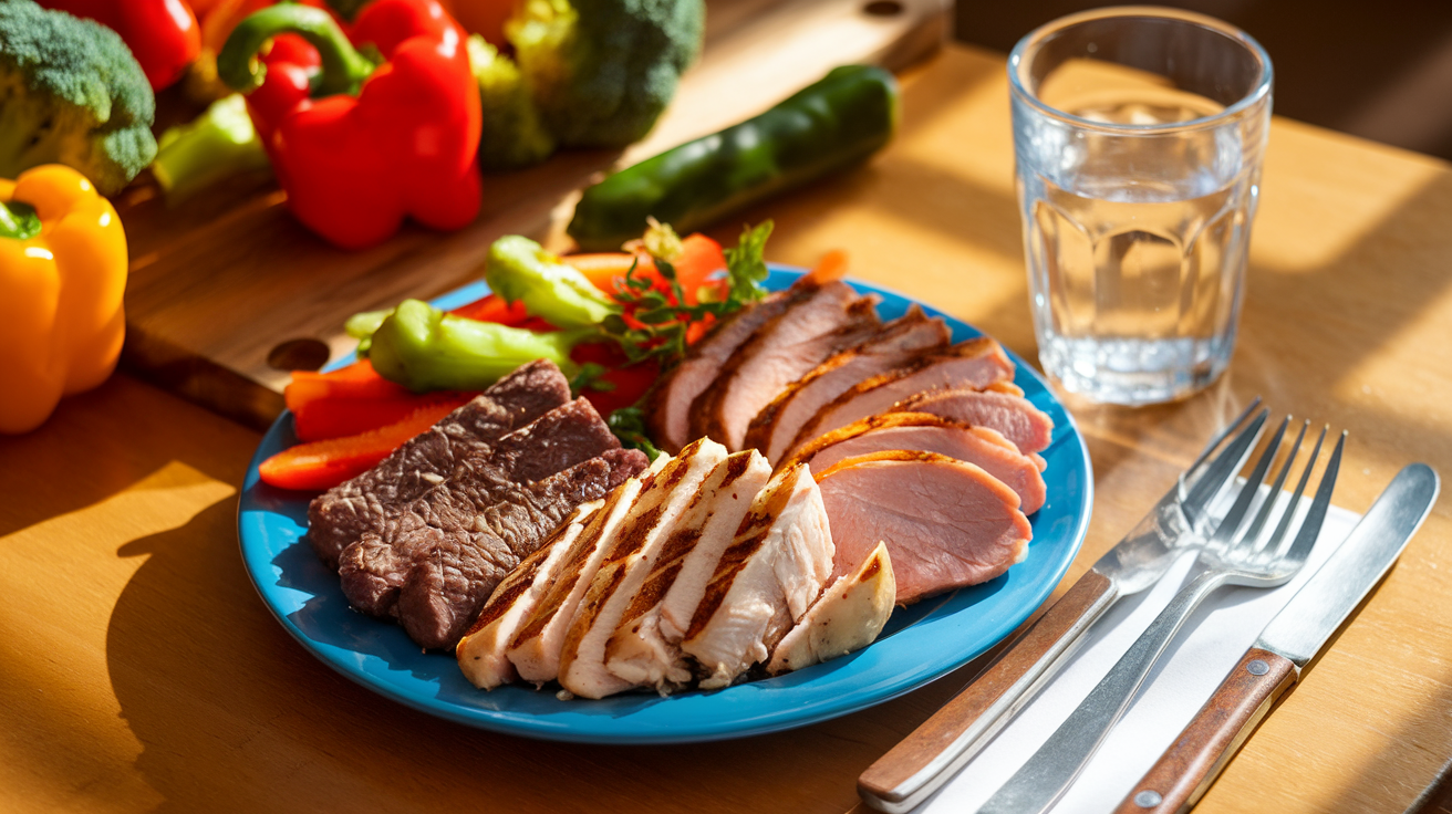 Create a realistic image of a plate with grilled chicken breast, lean beef strips, and turkey slices arranged neatly, surrounded by colorful vegetables like broccoli and bell peppers, with a glass of water and a fork beside the plate, all set on a wooden table with warm, natural lighting to emphasize the healthy and nutritious aspect of the meal.