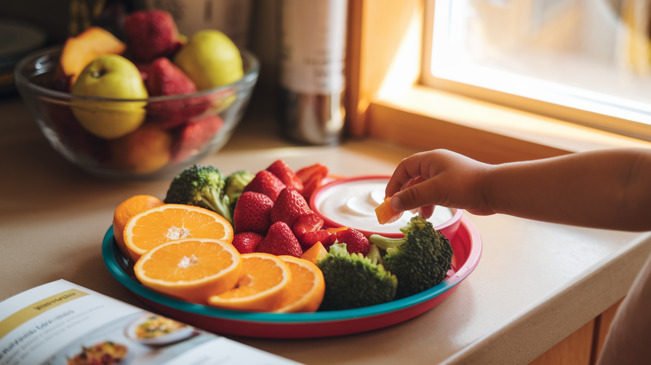 Create a realistic image of a colorful plate filled with immune-boosting foods such as orange slices, strawberries, broccoli florets, and yogurt, with a child's hand reaching for a piece of fruit, set on a kitchen counter with a fruit bowl and recipe book in the background, warm natural lighting streaming through a window.
