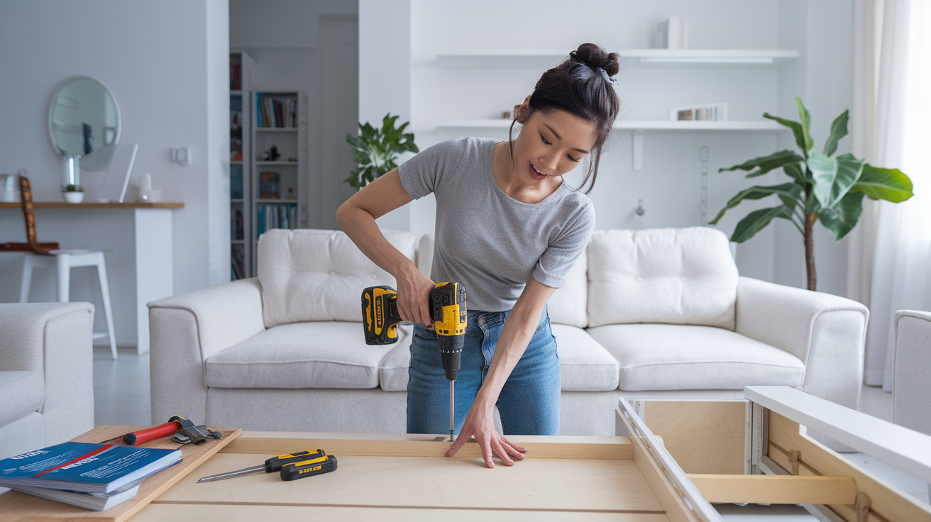 Create a realistic image of a confident Asian woman in her 30s using a power drill to assemble furniture in a bright, modern living room, with DIY manuals and tools neatly organized nearby, demonstrating skill and competence as she breaks stereotypes about women and home repairs.