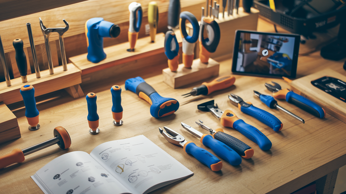 Create a realistic image of a diverse collection of ergonomically designed tools laid out on a workbench, including smaller grip handles and lightweight options, with an instruction manual open nearby showing clear diagrams, alongside a tablet displaying a DIY tutorial video, all well-lit with warm lighting that emphasizes accessibility and user-friendliness.