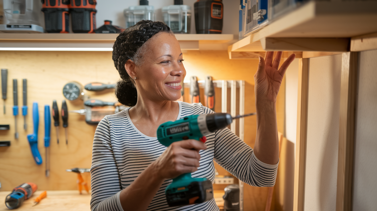 Create a realistic image of a middle-aged Black woman with a confident smile standing in her home workshop, holding a power drill while examining a completed shelf she installed, surrounded by organized tools, with warm lighting highlighting her sense of accomplishment and satisfaction, conveying the psychological empowerment and pride that comes from DIY home improvement mastery.
