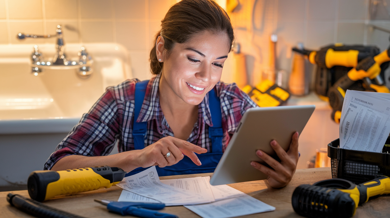 Create a realistic image of a confident Hispanic woman in her 30s comparing receipts and calculating savings on her tablet while surrounded by DIY home repair tools, with a fixed leaky sink visible in the background, warm lighting highlighting her satisfied expression, representing the financial benefits of handling home repairs independently.