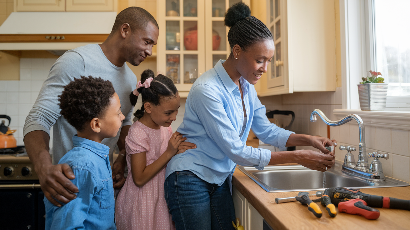 Create a realistic image of a diverse family scene where a black woman in casual clothes is confidently fixing a leaking sink while her male partner and children watch and learn, showcasing modern family dynamics in a bright, warm kitchen setting with tools neatly arranged nearby, emphasizing skill-sharing and the breaking of traditional gender roles.