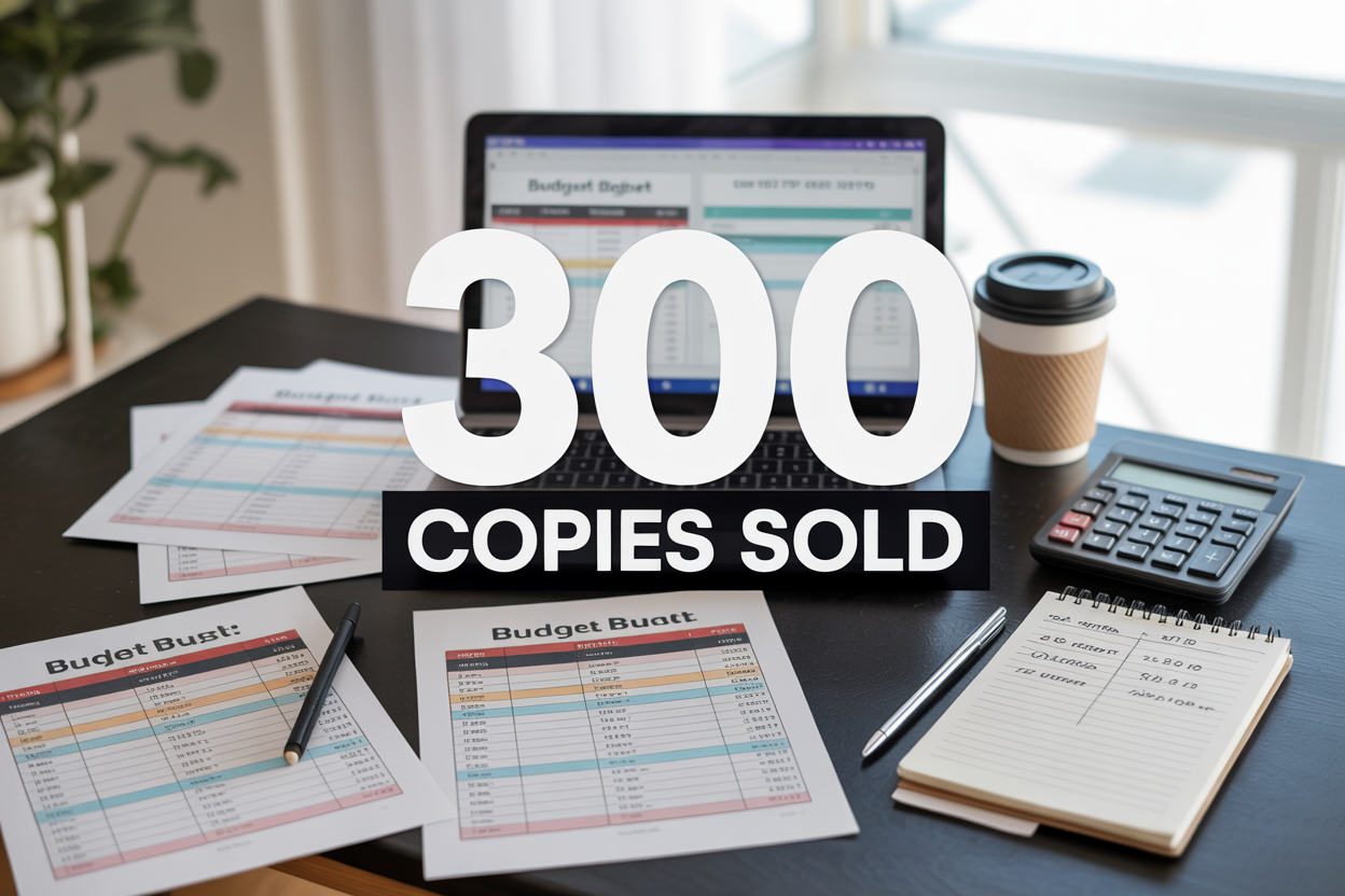 Create a realistic image of a modern workspace desk with a laptop displaying colorful budget printable templates on screen, scattered printed budget worksheets and planners around the desk, a calculator, coffee cup, and notepad with sales figures written on it, with soft natural lighting from a window, and overlay text reading "300 Copies Sold" in bold modern font, creating a productive and successful atmosphere.