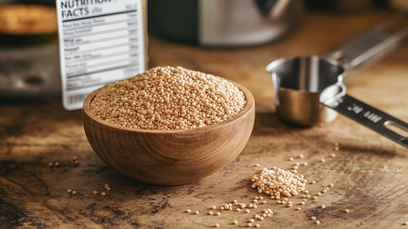 Create a realistic image of a wooden bowl filled with uncooked quinoa grains, placed on a rustic kitchen counter with a few loose grains scattered nearby, a measuring cup, and a nutrition facts label visible in the background, warm natural lighting highlighting the texture of the quinoa.
