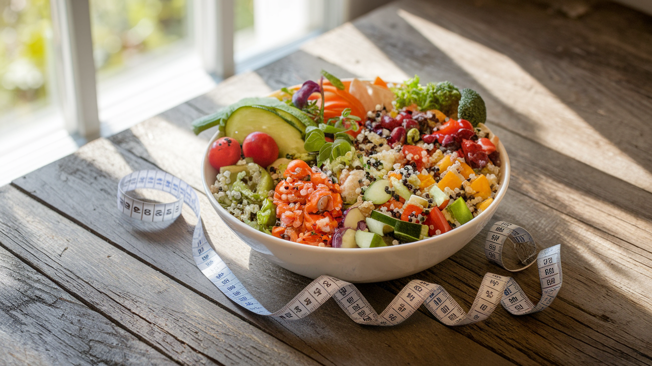 Create a realistic image of a colorful, appetizing quinoa salad bowl on a rustic wooden table, featuring mixed vegetables, lean protein, and a variety of textures. Include a measuring tape partially wrapped around the bowl, suggesting weight loss. Natural light streams in from the left, illuminating the fresh ingredients and highlighting the nutritious appeal of the dish.
