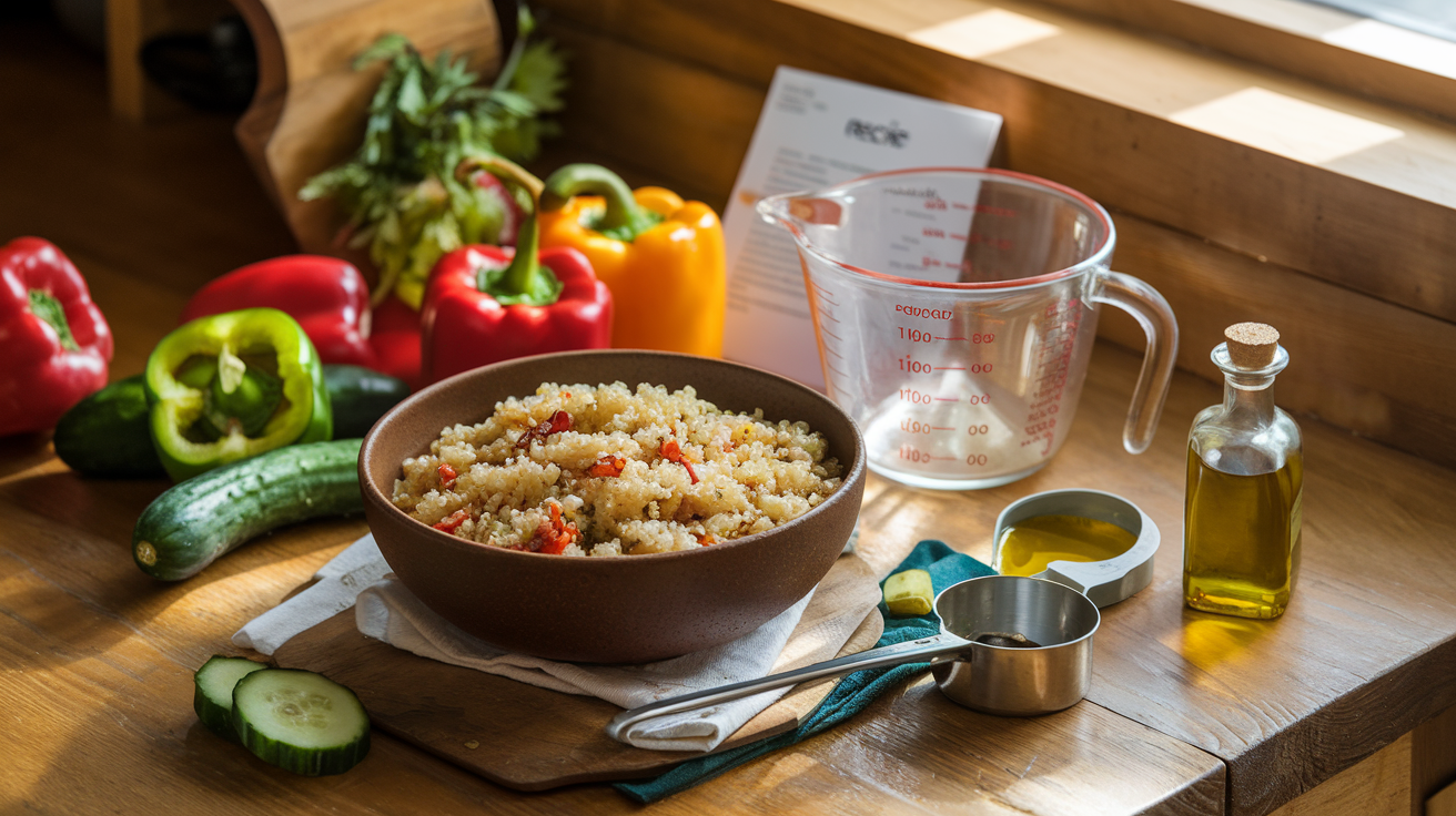 Create a realistic image of a rustic wooden kitchen counter with a bowl of cooked quinoa, surrounded by fresh vegetables like bell peppers and cucumbers, a measuring cup, and a small bottle of olive oil, with a recipe card visible in the corner, all under warm, natural lighting to create an inviting and healthy atmosphere.