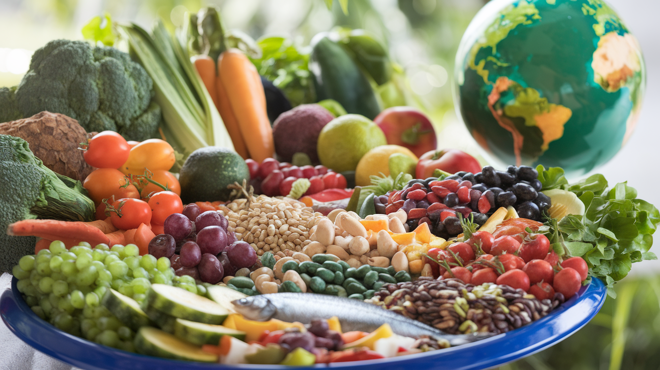 Planetary Health Dieet vs. Traditionele Diëten : Welke is beter? 1 Create a realistic image of a colorful plate filled with diverse, plant-based foods including vegetables, fruits, whole grains, and legumes, with a small portion of fish, set against a background of a green globe, symbolizing the Earth's health, with soft natural lighting to emphasize freshness and sustainability.