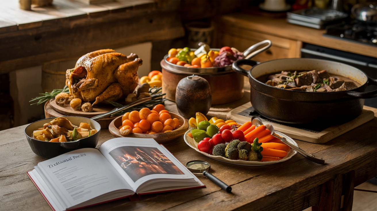 Planetary Health Dieet vs. Traditionele Diëten : Welke is beter? 2 Create a realistic image of a rustic kitchen with various traditional dishes on a wooden table, including a roasted chicken, a pot of beef stew, and a plate of fresh vegetables. A cookbook titled "Traditional Recipes" is open on the counter, and a magnifying glass is placed nearby, symbolizing close examination. Warm, soft lighting creates a cozy atmosphere, highlighting the textures and colors of the food.