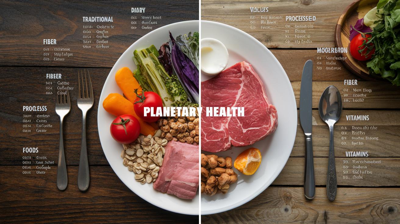 Planetary Health Dieet vs. Traditionele Diëten : Welke is beter? 3 Create a realistic image of a split-screen display showing two plates side by side, one labeled "Planetary Health" with colorful vegetables, whole grains, and a small portion of lean protein, and the other labeled "Traditional" with larger portions of meat, dairy, and processed foods. Above the plates, floating nutritional facts and values compare the two diets, with emphasis on calories, protein, fiber, and vitamins.
