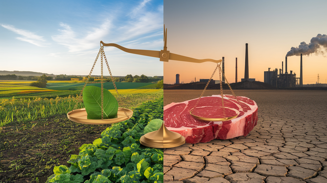 Planetary Health Dieet vs. Traditionele Diëten : Welke is beter? 5 Create a realistic image of a split screen showing two contrasting landscapes: on the left, a lush green field with diverse crops and a clear blue sky, symbolizing sustainable farming practices; on the right, a barren, dry land with factory chimneys emitting smoke in the background, representing traditional farming's environmental impact. A large scale in the center balances a green leaf against a steak, tipping towards the leaf side.