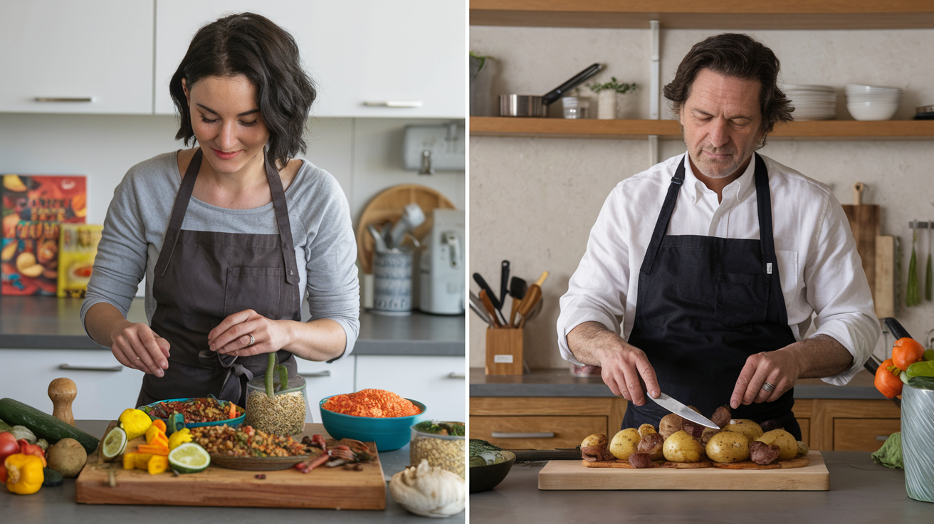 Planetary Health Dieet vs. Traditionele Diëten : Welke is beter? 6 Create a realistic image of a split-screen kitchen scene: on the left, a white female preparing a colorful plant-based meal with lentils, quinoa, and vegetables; on the right, a white male cooking a traditional meat-based dish with potatoes. Both sides show modern kitchen counters, cookbooks, and measuring tools, symbolizing the practical implementation of different dietary approaches.