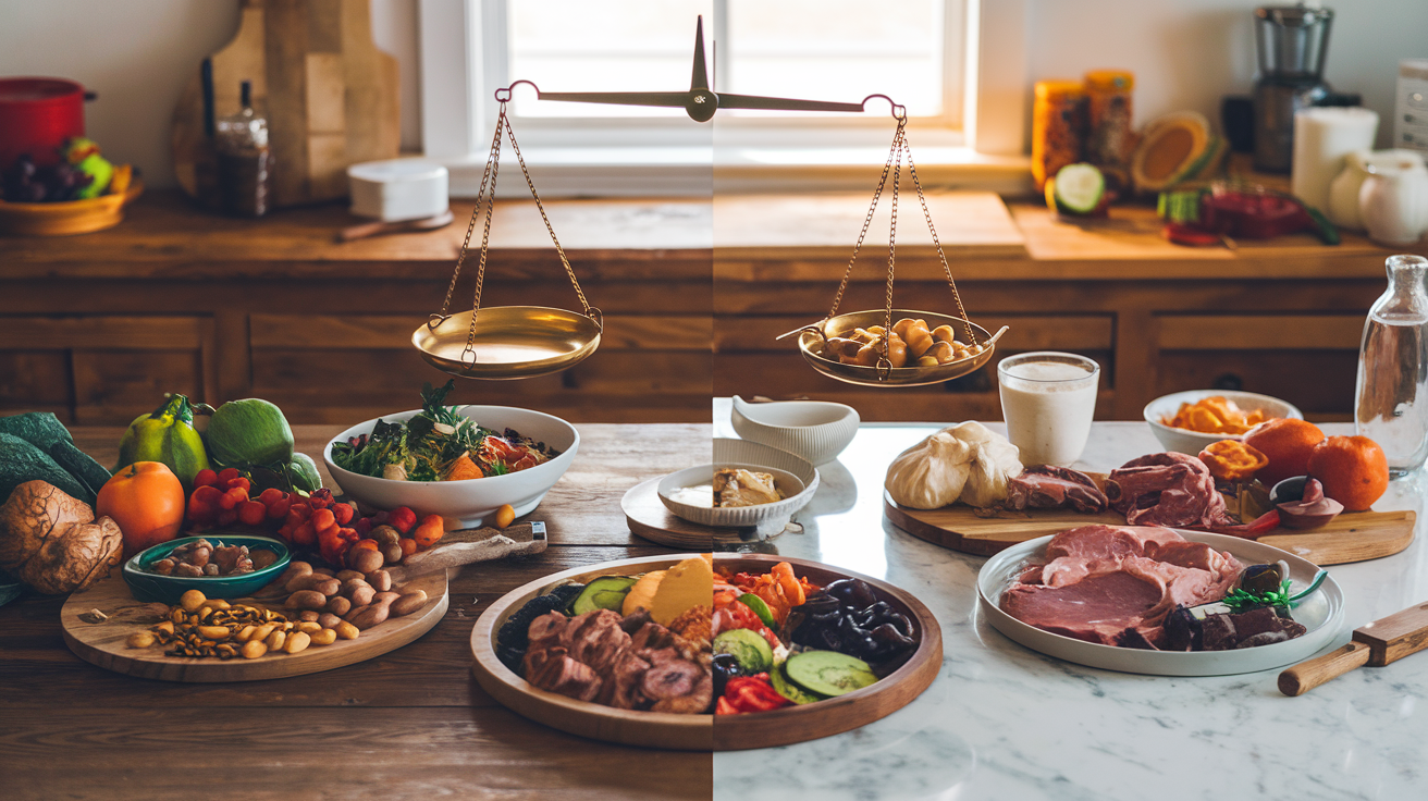 Planetary Health Dieet vs. Traditionele Diëten : Welke is beter? 7 Create a realistic image of a split kitchen scene, with one half representing planetary health diet and the other half traditional diet. On the planetary side, show colorful plant-based dishes, whole grains, and legumes on a wooden table. On the traditional side, display meat-based dishes, dairy products, and processed foods on a marble countertop. Include a large balance scale in the center, tipping slightly towards the planetary side. Add warm, natural lighting to emphasize the contrast between the two dietary approaches.