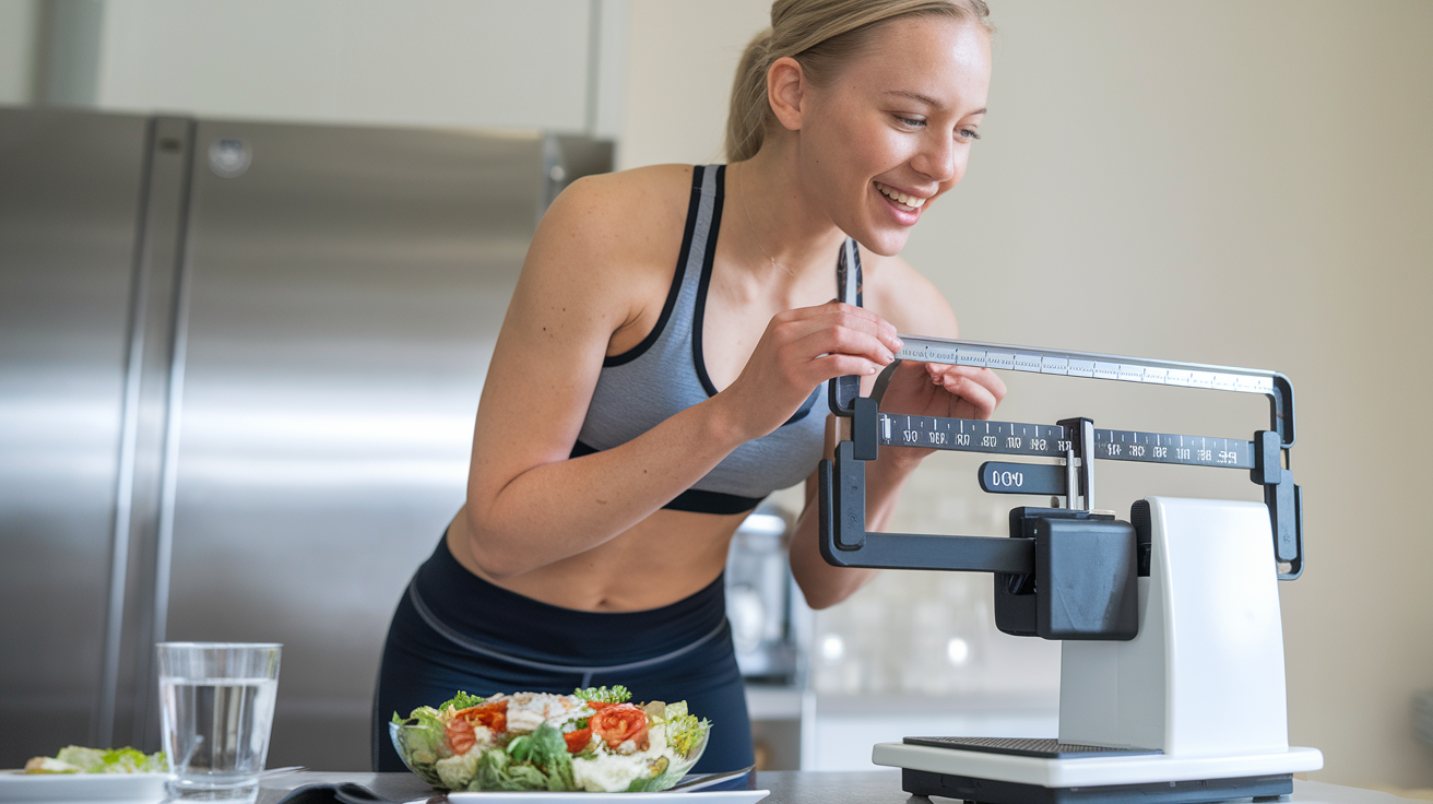 Create a realistic image of a smiling white female in workout clothes standing on a scale, looking pleasantly surprised at the numbers, with a half-eaten healthy meal and a glass of water visible on a nearby table, in a bright, clean kitchen setting, emphasizing a sense of satisfaction and energy without deprivation.
