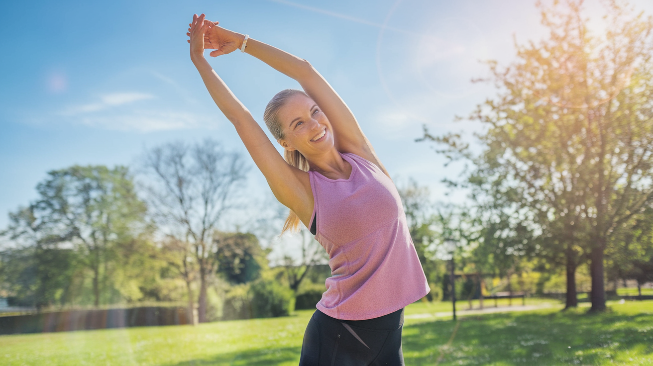 Create a realistic image of a smiling white female in her 30s, wearing exercise clothing, stretching her arms upwards in a sunny park, with a clear blue sky background, surrounded by green trees and grass, radiating energy and vitality, with a subtle glow around her to emphasize her improved well-being.
