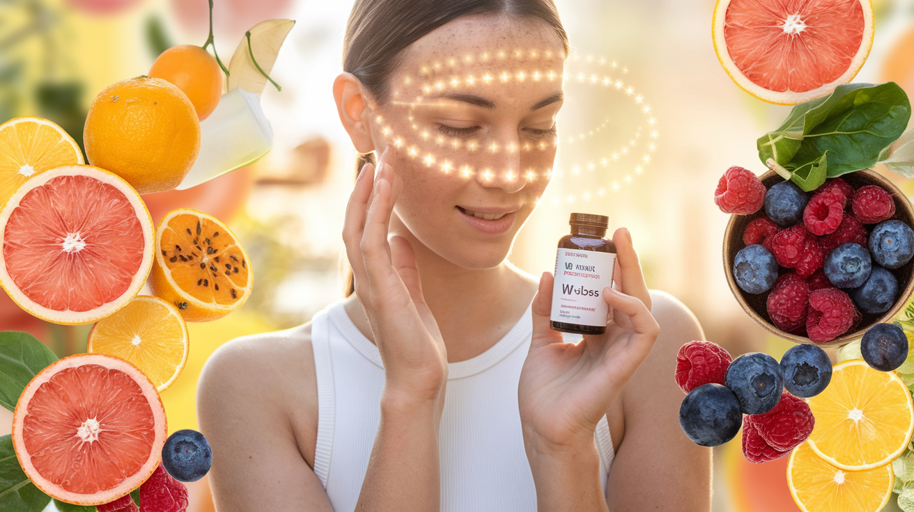 Create a realistic image of a white female with a glowing aura, representing a strong immune system, holding a bottle of W-loss supplement, surrounded by various immune-boosting foods like citrus fruits, berries, and leafy greens, with a background of soft, warm light to emphasize health and vitality.