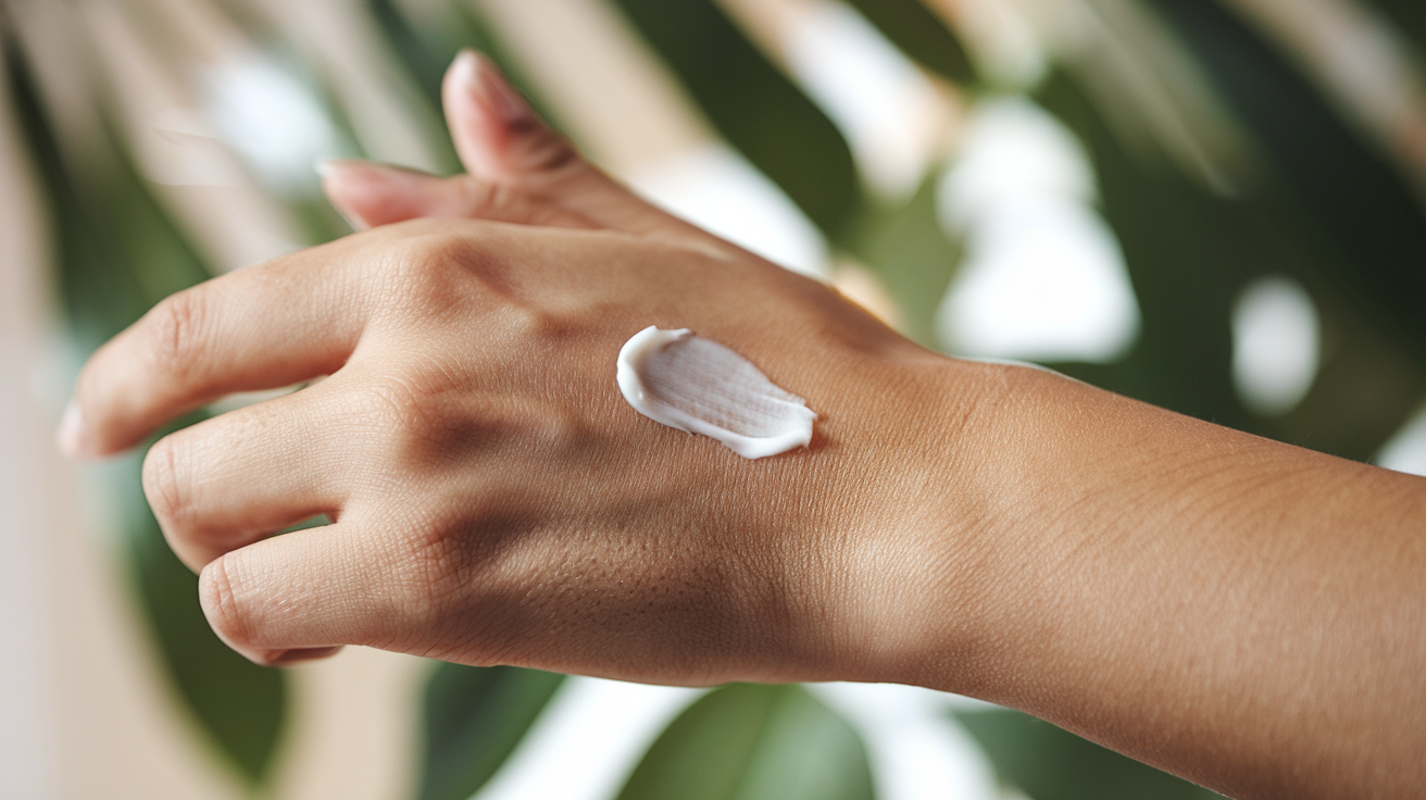 Create a realistic image of a close-up view of healthy, glowing skin with visible pores and a smooth texture, illuminated by soft, natural light. A hand is gently applying a green-tinted cream or serum to the skin, suggesting a natural skincare product. In the background, blurred green leaves or plants are visible, hinting at natural ingredients.