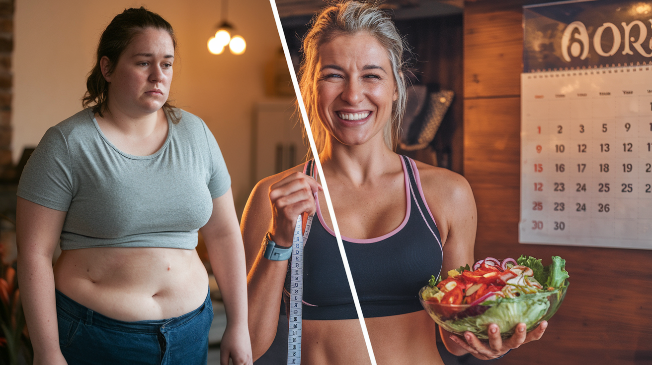 Create a realistic image of a before-and-after split photo showing a white female in her 30s, on the left side she appears overweight in casual clothes looking unhappy, on the right side she's fit and smiling in workout attire, holding a measuring tape and a healthy salad, with a calendar in the background showing several months passed, warm lighting emphasizing the positive transformation.