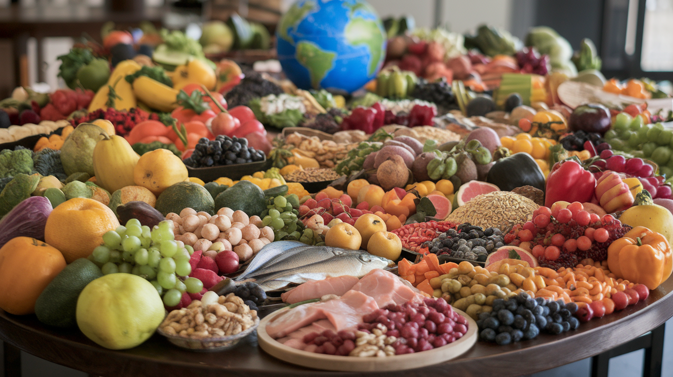 Create a realistic image of a diverse array of colorful fruits, vegetables, whole grains, and legumes arranged on a large wooden table, with a small portion of fish and poultry visible, representing the Planetary Health Diet. A globe or Earth icon subtly appears in the background, symbolizing the global impact of this diet.