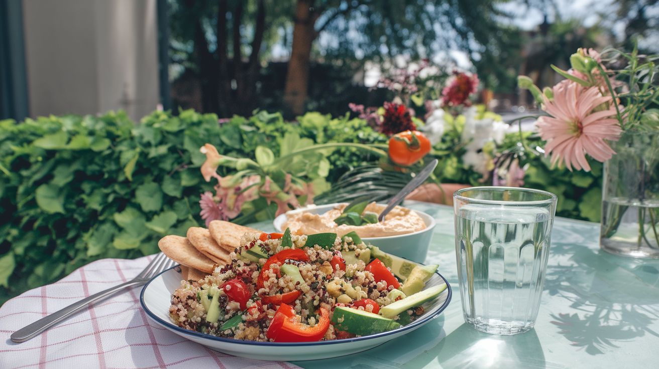 Create a realistic image of a vibrant and healthy lunch plate filled with colorful vegetables, whole grains, and plant-based proteins, placed on a sunny outdoor table with a glass of water, surrounded by lush greenery, conveying a light and energizing meal atmosphere.