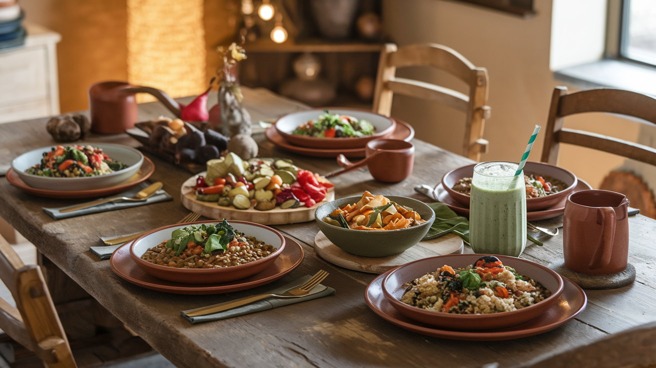 Create a realistic image of a rustic wooden dining table set with colorful, plant-based dishes including a hearty lentil stew, roasted vegetables, quinoa salad, and a vibrant green smoothie, with warm ambient lighting and earth-toned tableware, emphasizing the wholesome and satisfying nature of the meal.