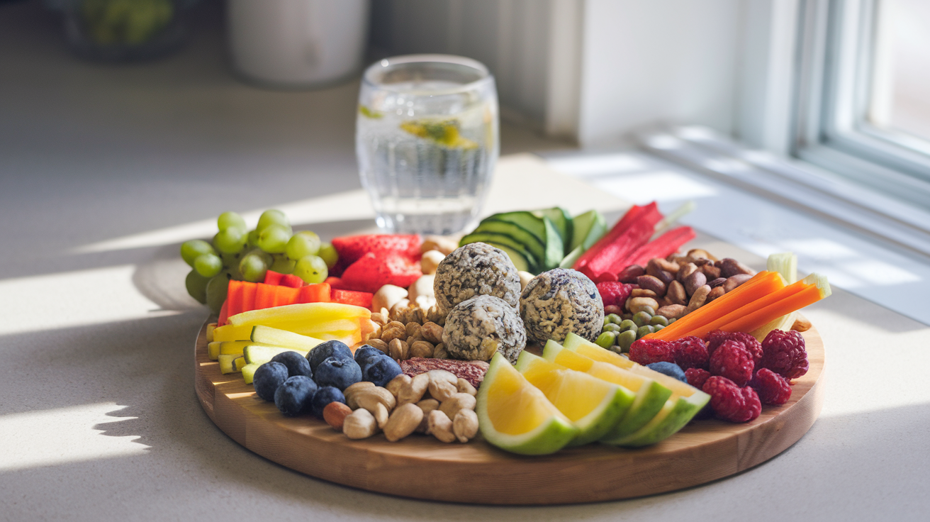 Create a realistic image of a colorful array of healthy snacks and small bites arranged on a wooden board, including fresh fruit slices, vegetable sticks, nuts, seeds, and homemade energy balls, with a glass of infused water in the background, all set against a light, airy kitchen counter with natural sunlight streaming in from a window.