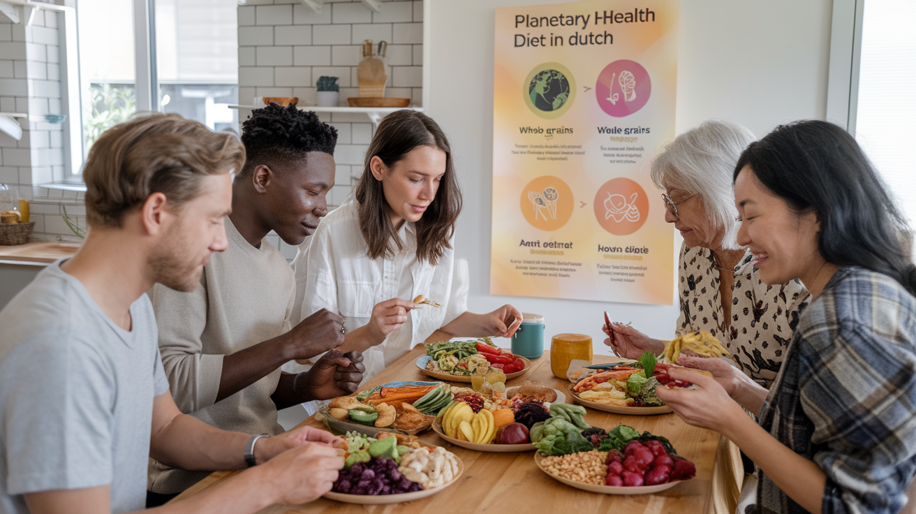 Create a realistic image of a diverse group of people (white female, black male, Asian female) gathered around a wooden table in a bright kitchen, examining colorful plates filled with plant-based foods, whole grains, and legumes, with a large infographic poster on the wall behind them displaying tips for following the Planetary Health Diet in Dutch.