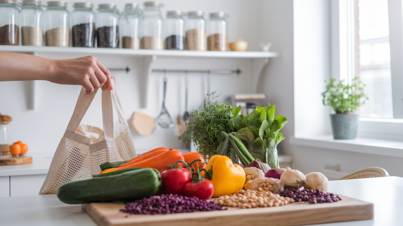 Create a realistic image of a modern, bright kitchen with a wooden cutting board in the foreground displaying colorful, fresh vegetables and legumes. A hand is visible reaching for a reusable produce bag. In the background, glass jars filled with grains and nuts line open shelves. A small potted herb garden sits on the windowsill, emphasizing sustainable, eco-friendly cooking choices.